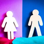 Cutout figures of a man and woman on vibrant purple and blue backgrounds.